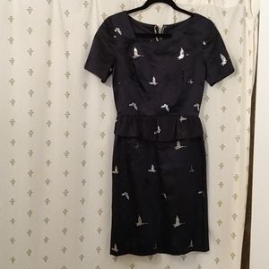 VINTAGE🦋Navy Blue Butterfly/Bamboo Embroidered Dress with Zipper, Peplum Detail